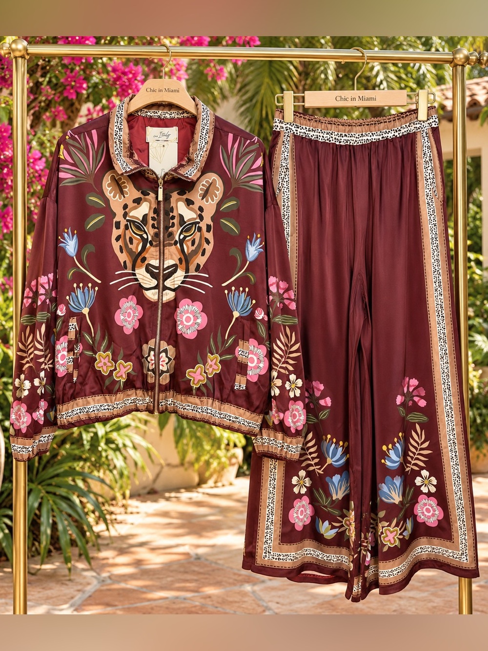 Made in Italy Burgundy Animal & Floral-Print Pants & Jacket Set OS
